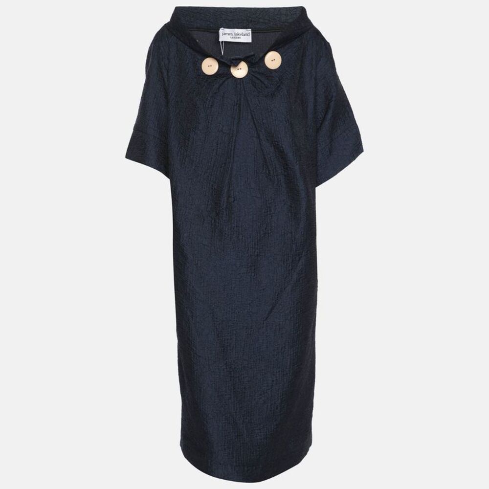 James Lakeland Navy Blue Jacquard Button Waffle Mini Dress Xxl